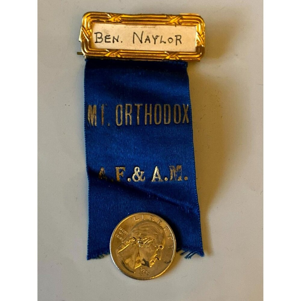 Antique Ancient Free and Accepted Masons Blue Ribbon w pin name badge